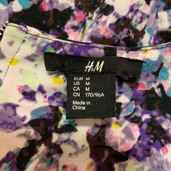H&M Black Purple Splatter Floral Print Shift Dress Medium - Picture 11 of 12